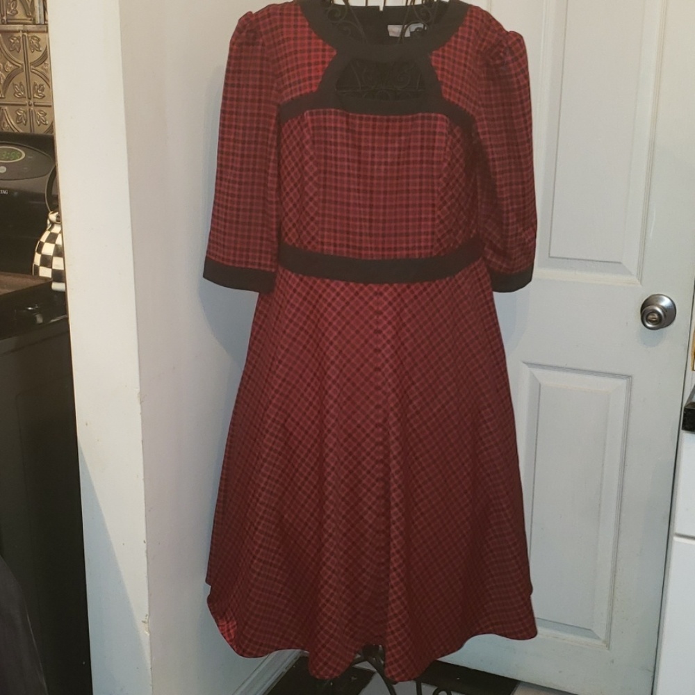 Red plaid dress with puff sleeves